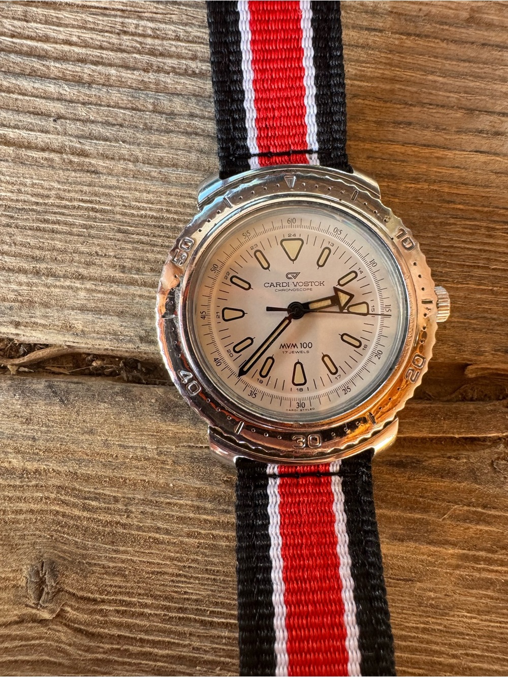 Cardi Vostok Silver Dial Watch with Red, Black & White NATO Strap